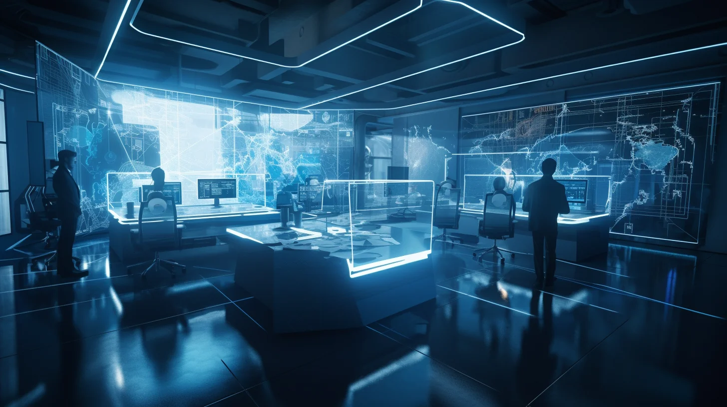 A futuristic workplace with AI agents and humans working together