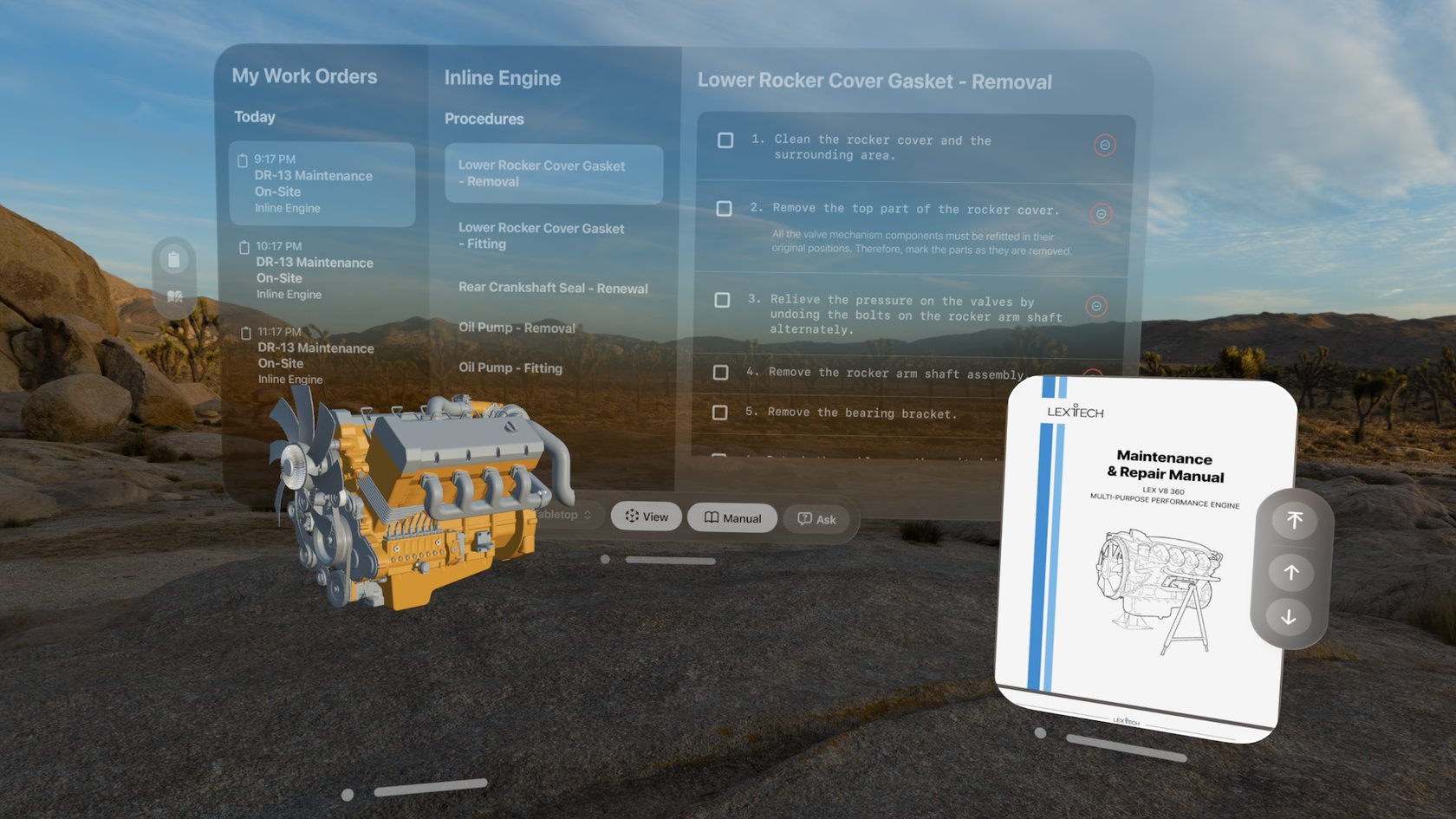 Lextech Guided Work spatial interface on Apple Vision Pro, a 3D engine model, work orders and a maintenance manual