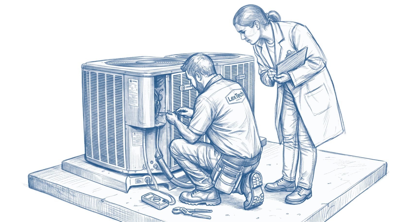A Lextech consultant in a lab coat observing an HVAC technician service an air-conditioning unit, taking notes on a clipboard